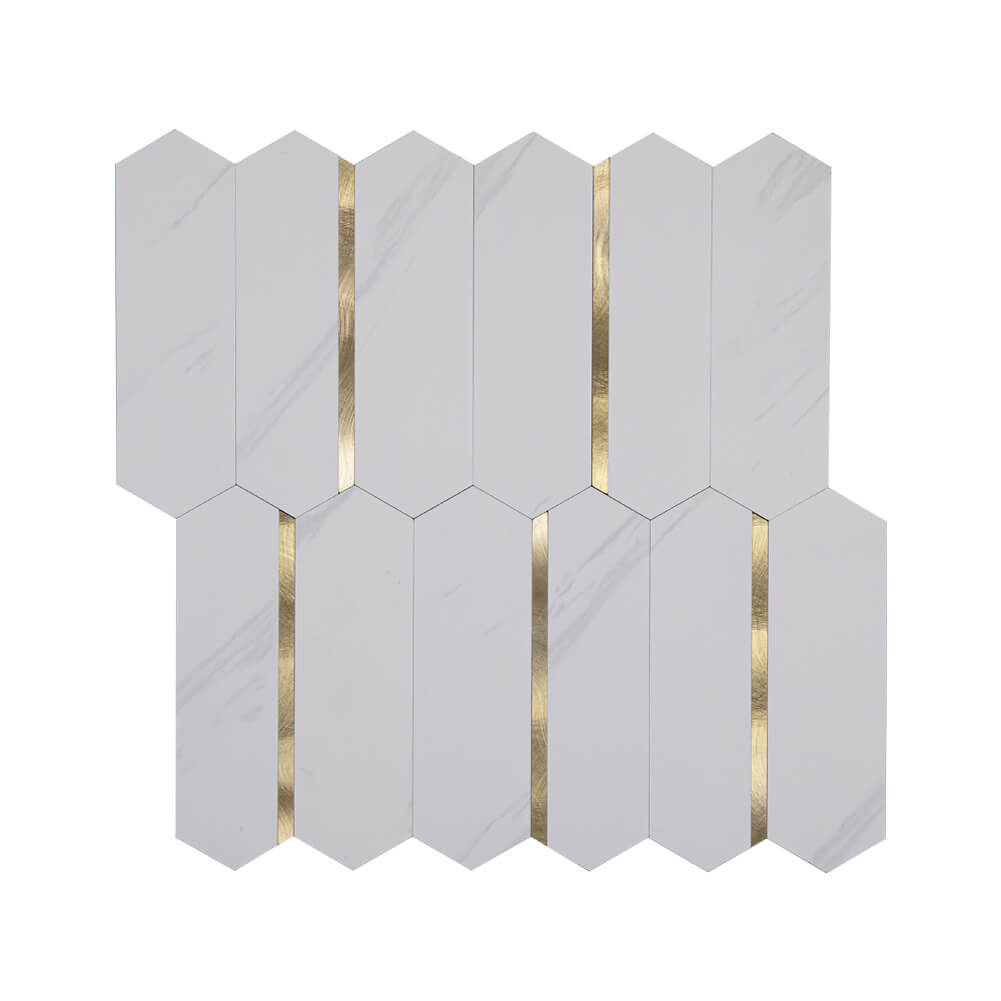 Peel and Stick Backsplash Tile Hexagon PVC White Marble with Gold Metal 5-Sheet